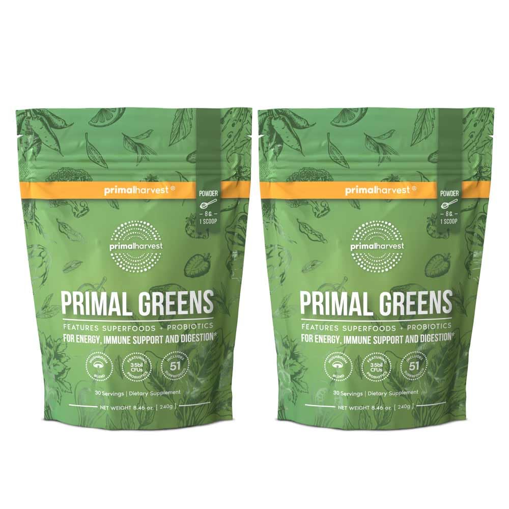 Primal Harvest Primal Greens powder tub label highlighting complete daily nutrition