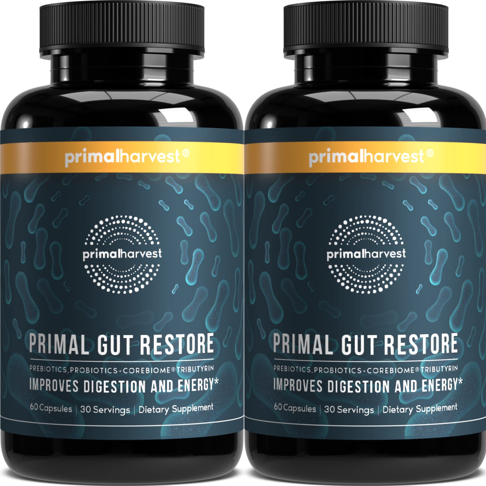 Primal Harvest Primal Gut Restore bottle showing the complete gut health formula and daily use.