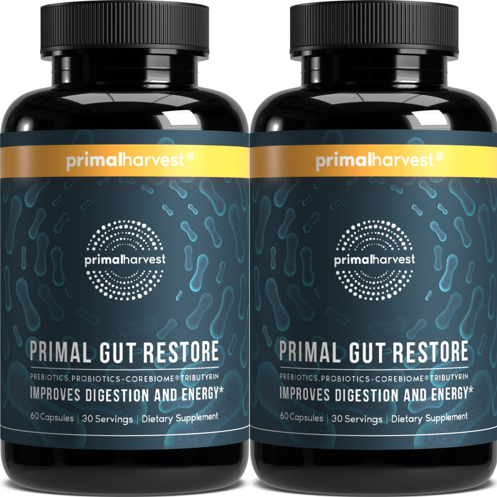 Primal Harvest Primal Gut Restore bottle showing the complete gut health formula and daily use.