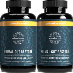 Primal Harvest Primal Gut Restore bottle showing the complete gut health formula and daily use.