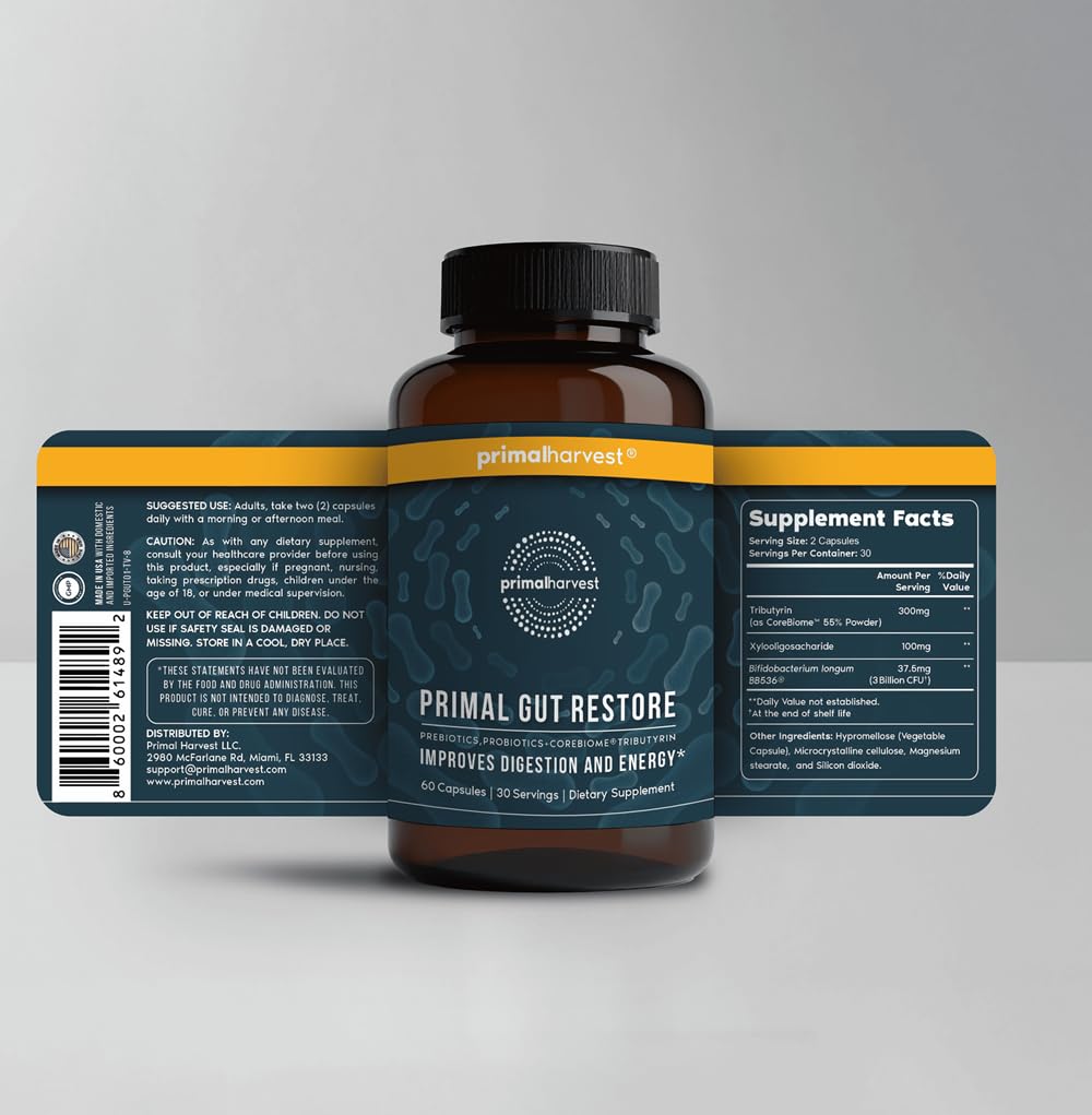 Primal Harvest Primal Gut Restore capsules arranged for daily digestive support.