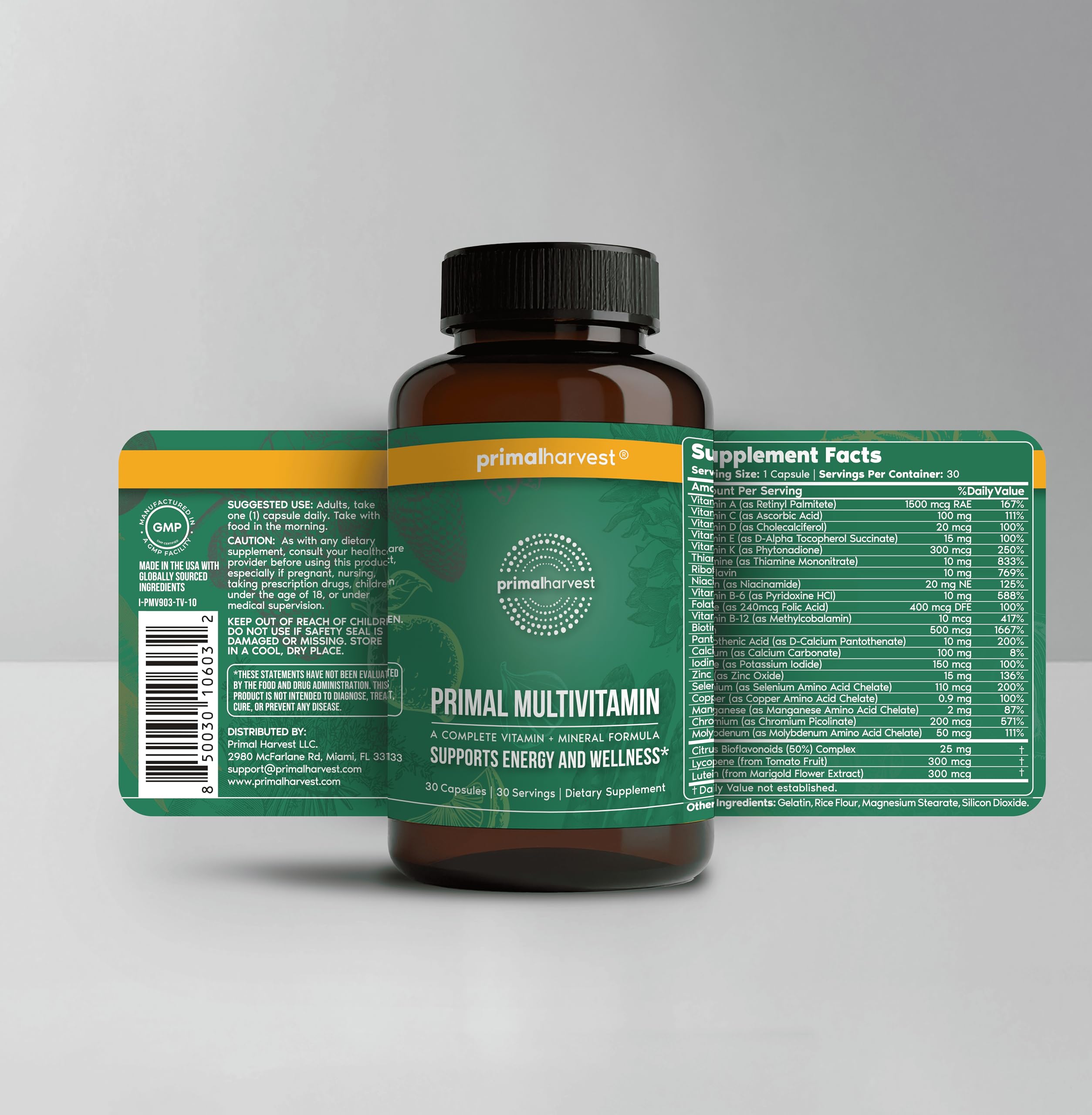 Primal Harvest Primal Multivitamin bottle back with label details on ingredients.