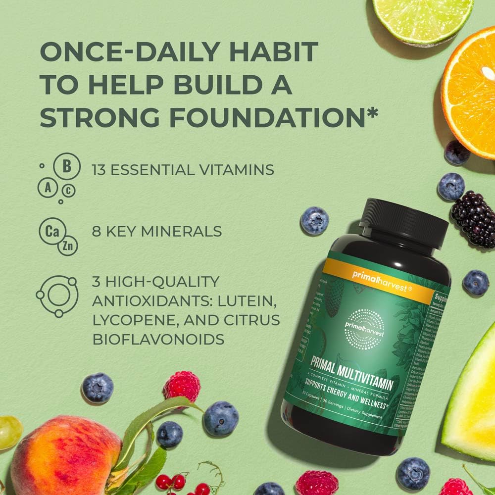 Primal Harvest Primal Multivitamin on counter with water.