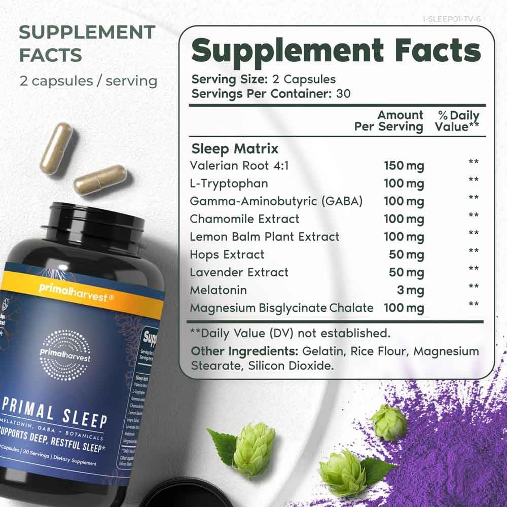 Primal Harvest Primal Sleep capsules closeup highlights gentle nighttime support.