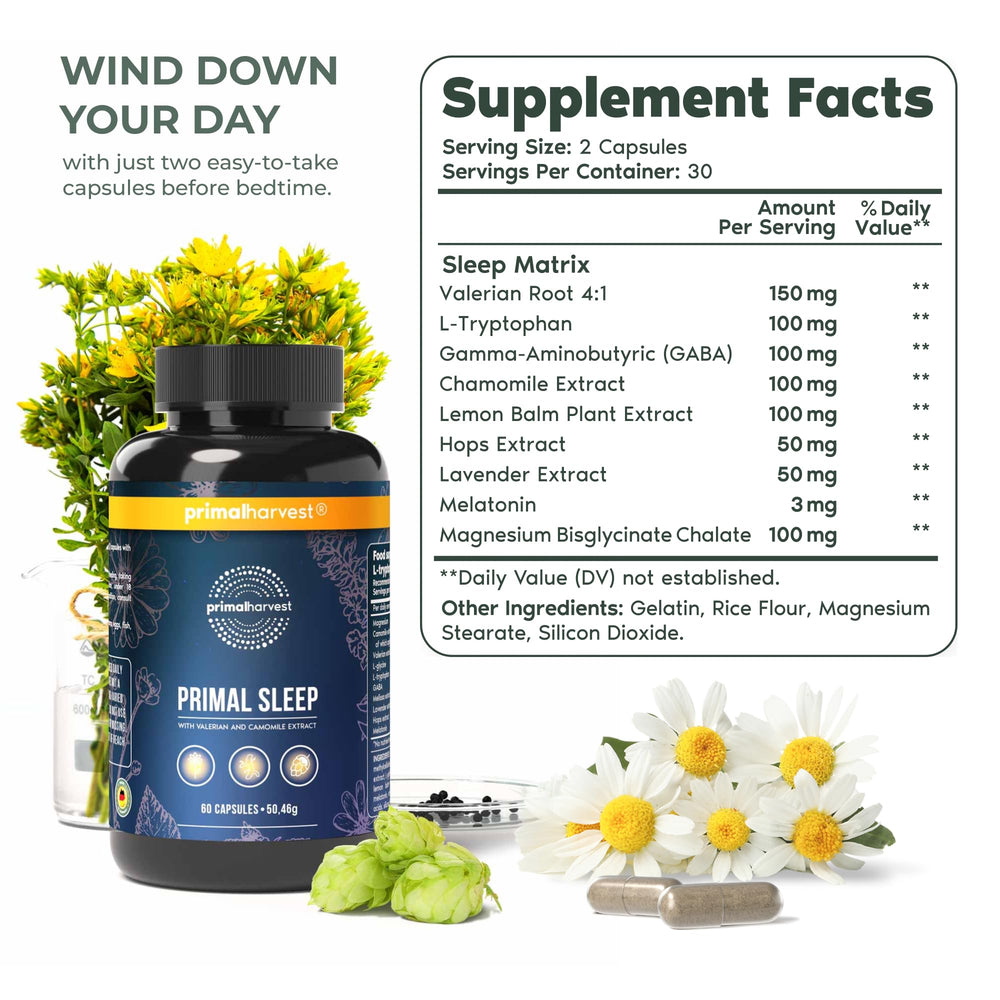 Primal Sleep label highlights melatonin 3mg per capsule for sleep support.