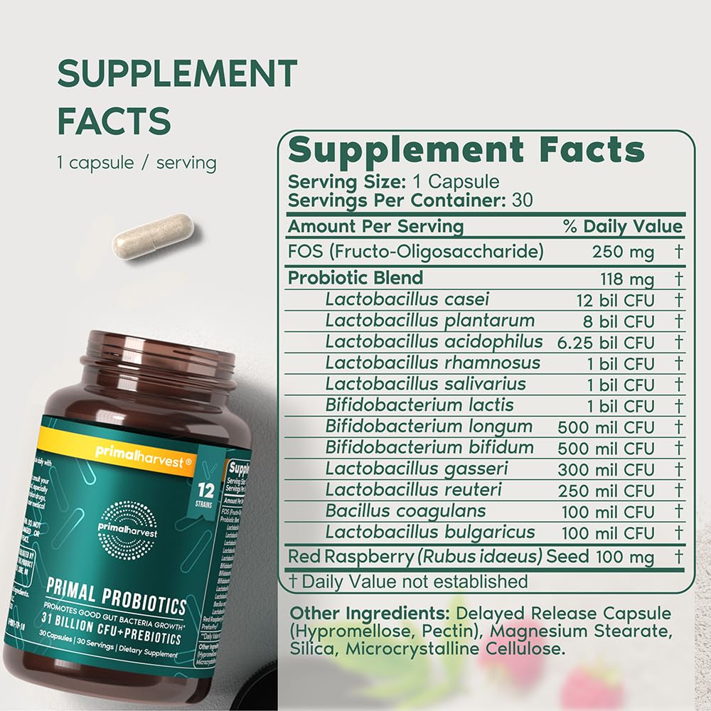 Primal Harvest Probiotics capsules close-up, easy to swallow