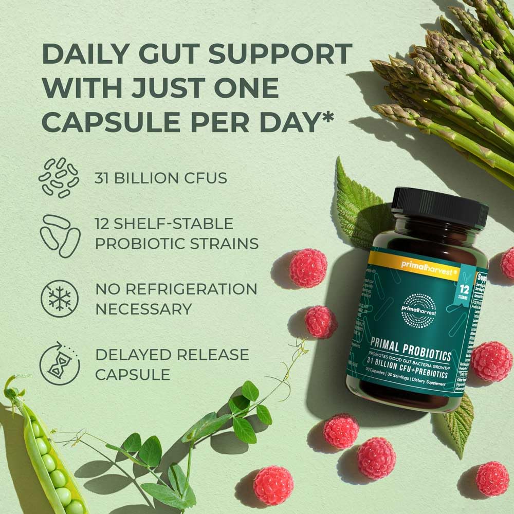 Primal Harvest Probiotics prebiotic blend supports friendly bacteria growth.