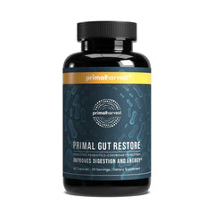 Primal Harvest Restore bottle front, supports daily gut health in an accessible format.
