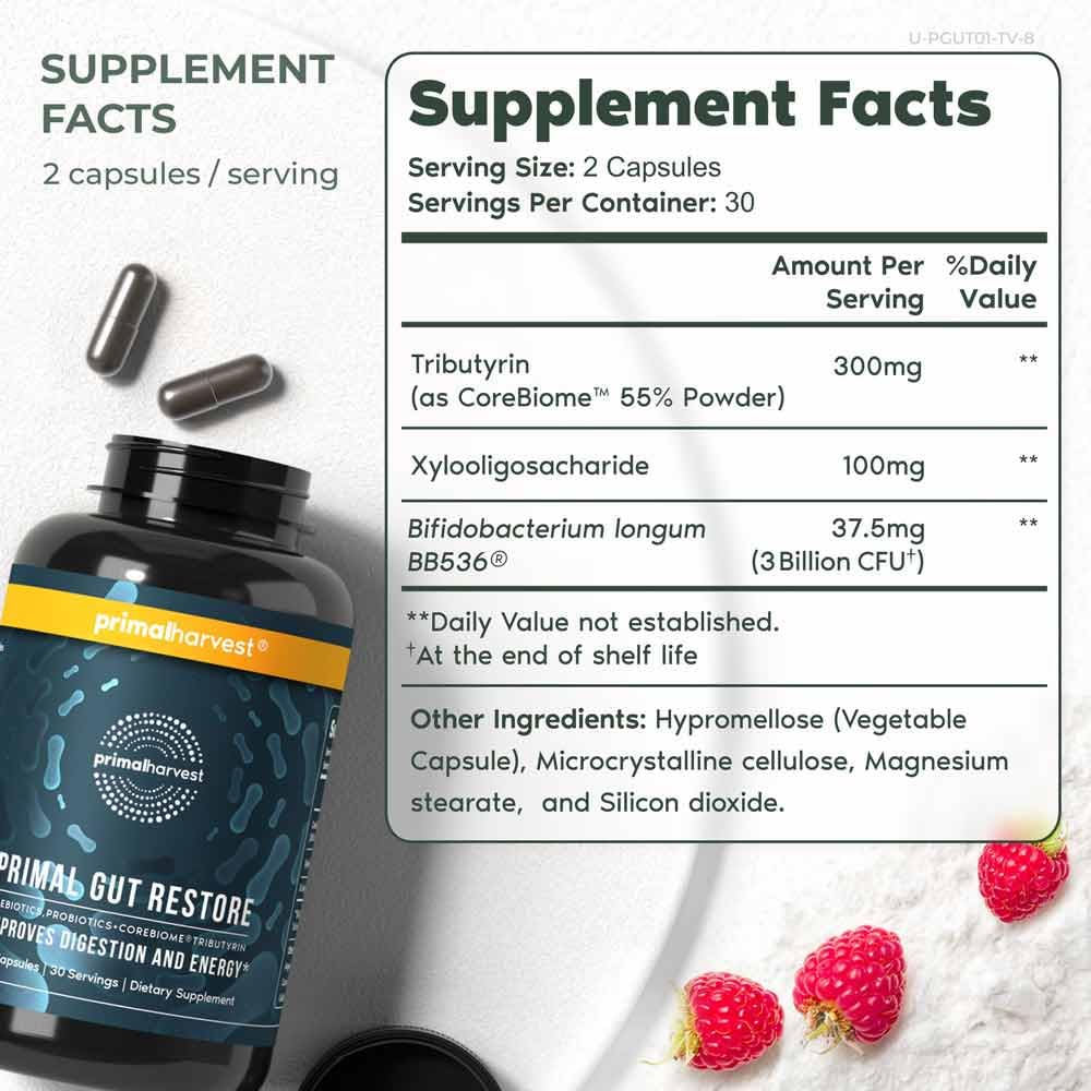 Primal Harvest Restore capsules inside bottle, easy daily probiotic routine for busy lifestyles.