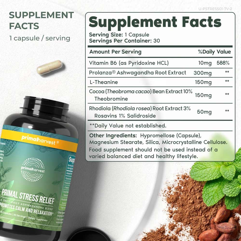 Primal Harvest L-Theanine capsule promotes mood balance and relaxed alertness.