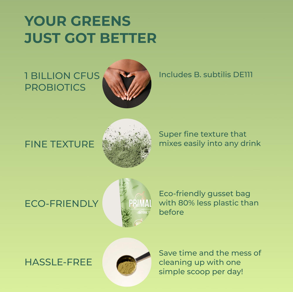 Allergen-free label on Primal Harvest Super Greens bottle