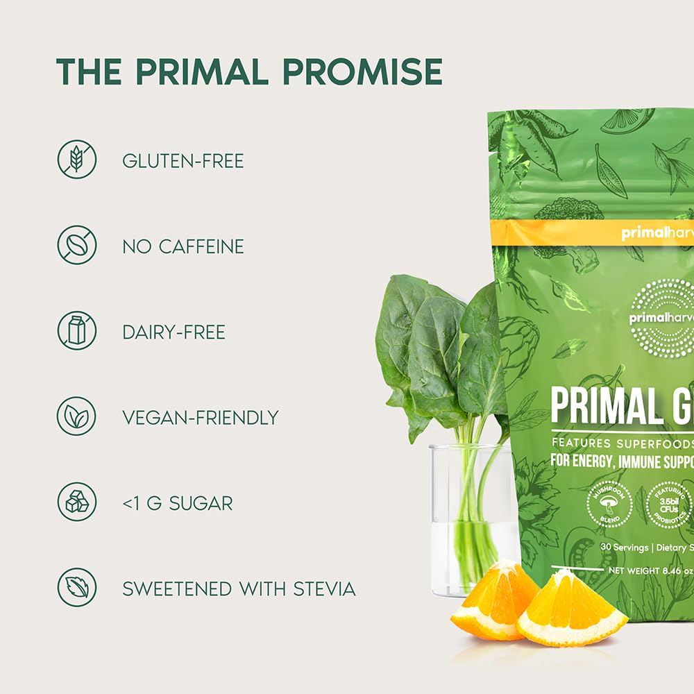 GMP facility and third-party testing badge with Primal Harvest greens
