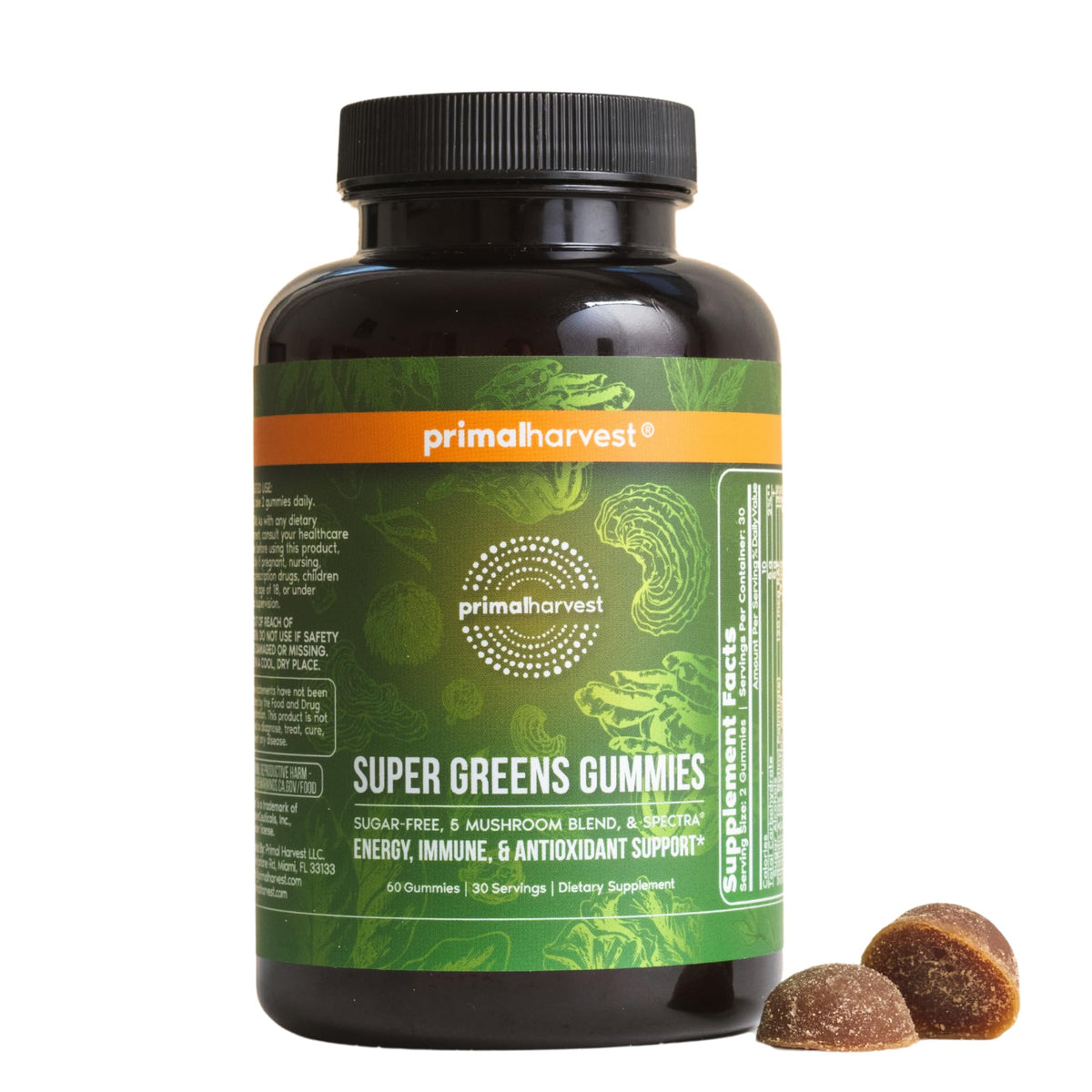 Primal Harvest Super Greens Gummies bottle showing vibrant gummies for daily greens support