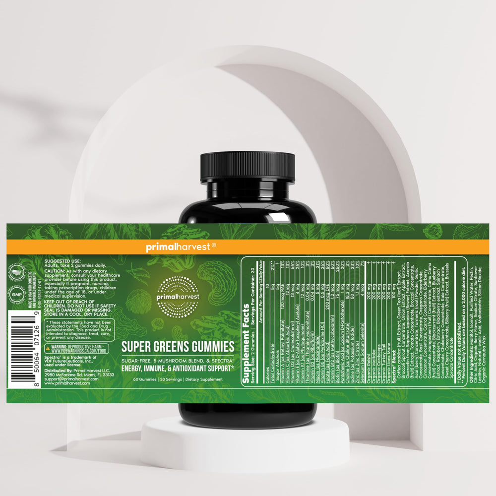 Jar label of Primal Greens highlighting Made in the USA and quality testing