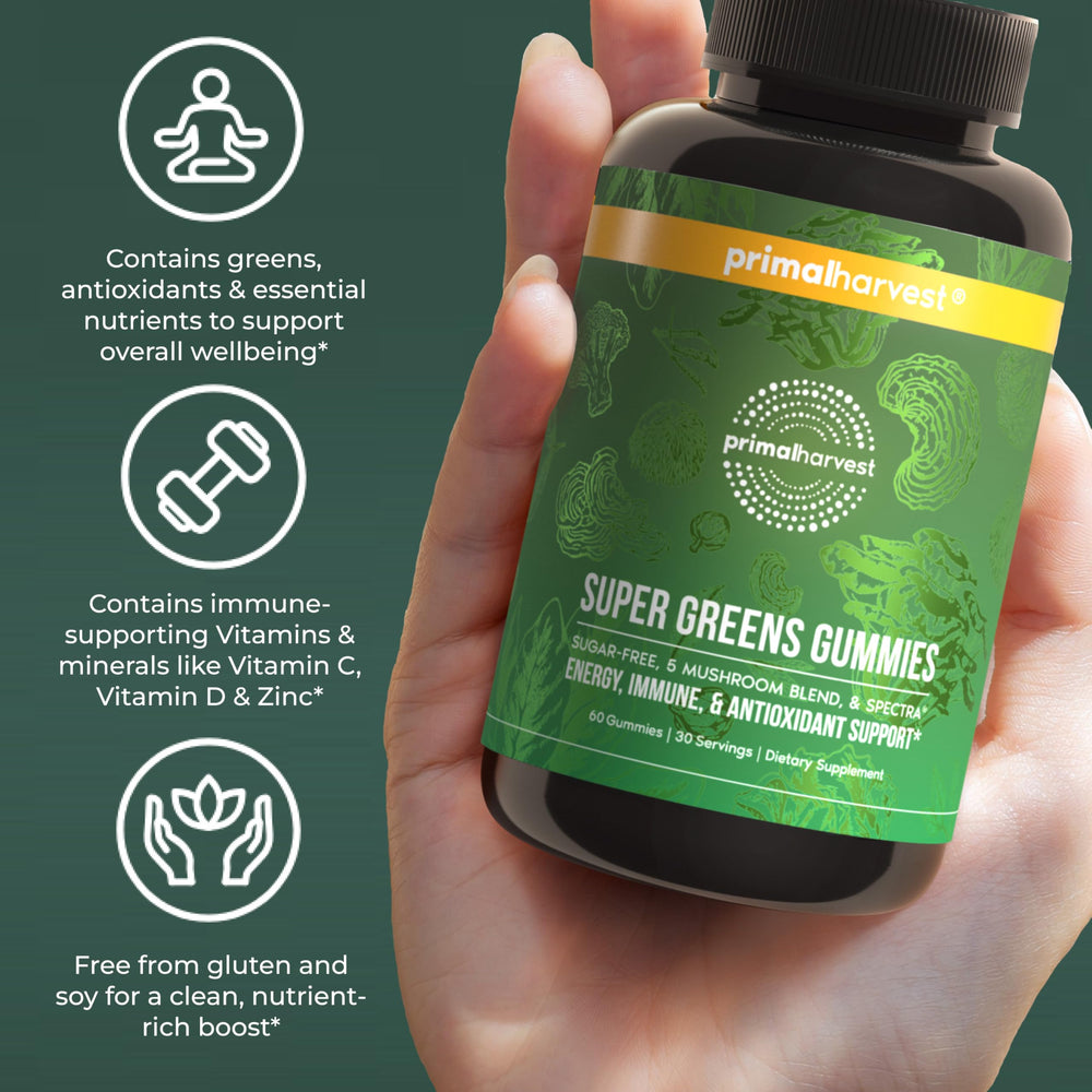 Illustration of adaptogenic mushroom blend inside Primal Greens for balance and focus