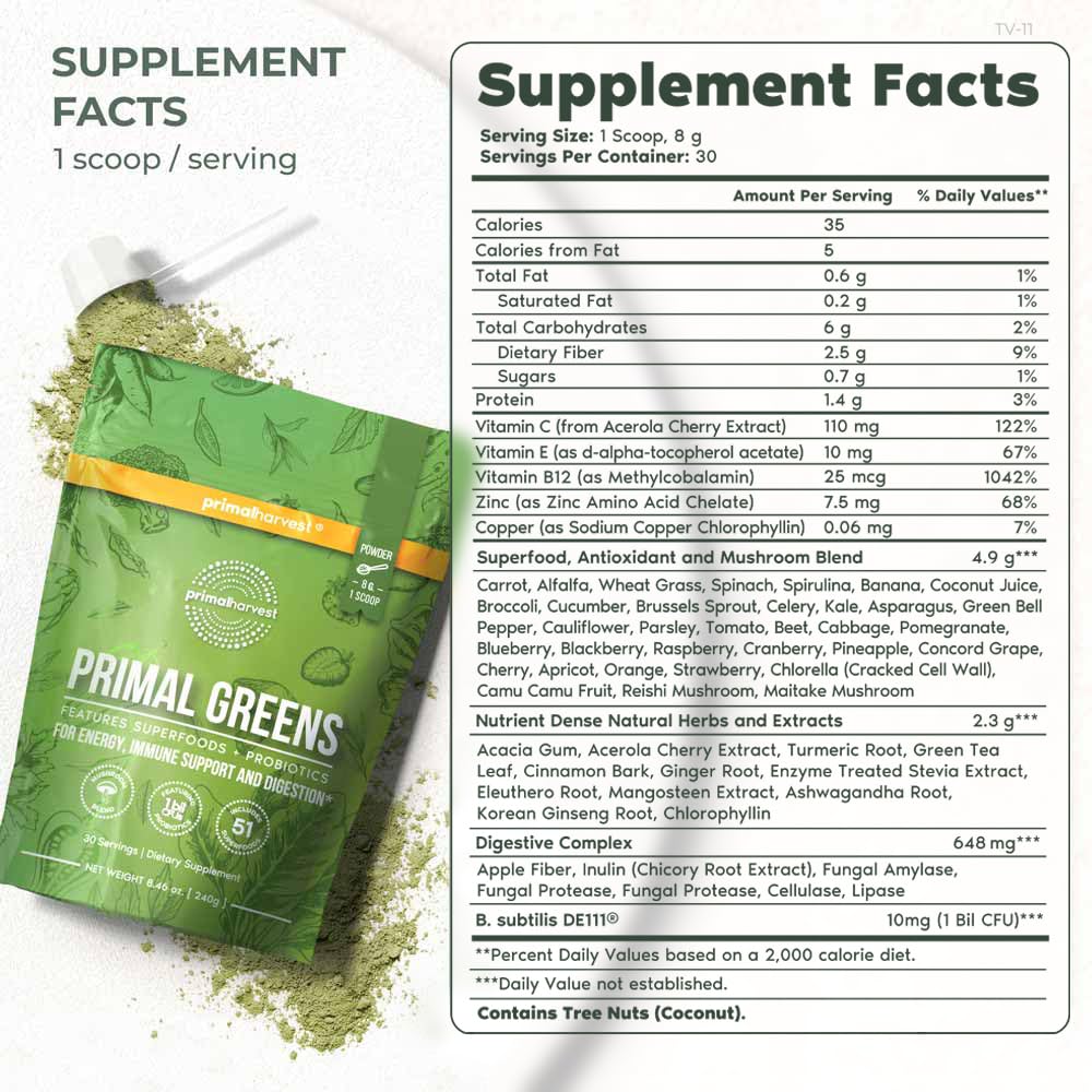 Glass with mixed Primal Greens powder for an easy-to-mix beverage