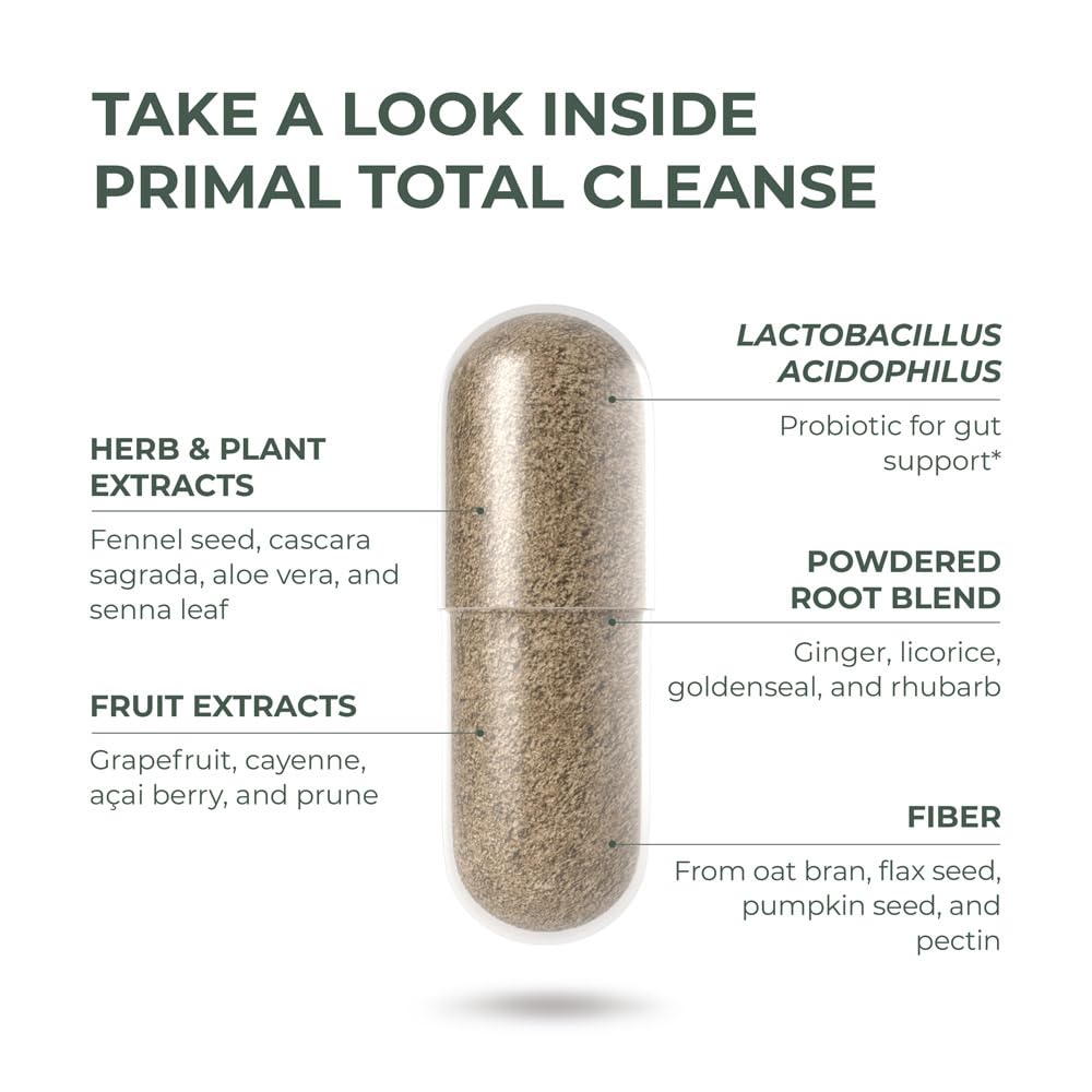 Primal Harvest Total Cleanse ingredient blend highlighting probiotics and herbs
