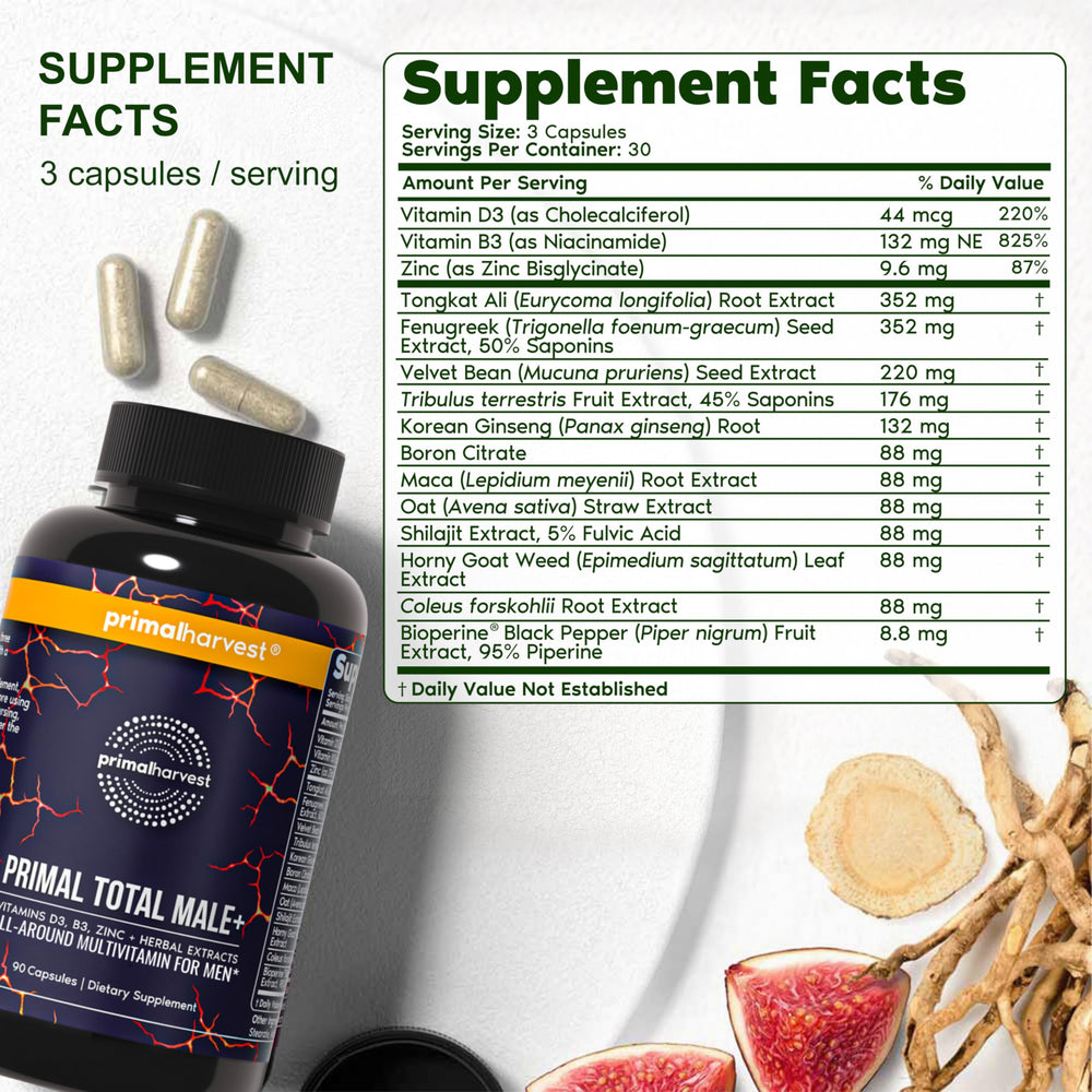 Primal Harvest Total Male+ ingredients label highlighting antioxidant blends and herbs.