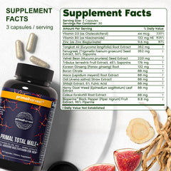 Primal Harvest Total Male+ ingredients label highlighting antioxidant blends and herbs.