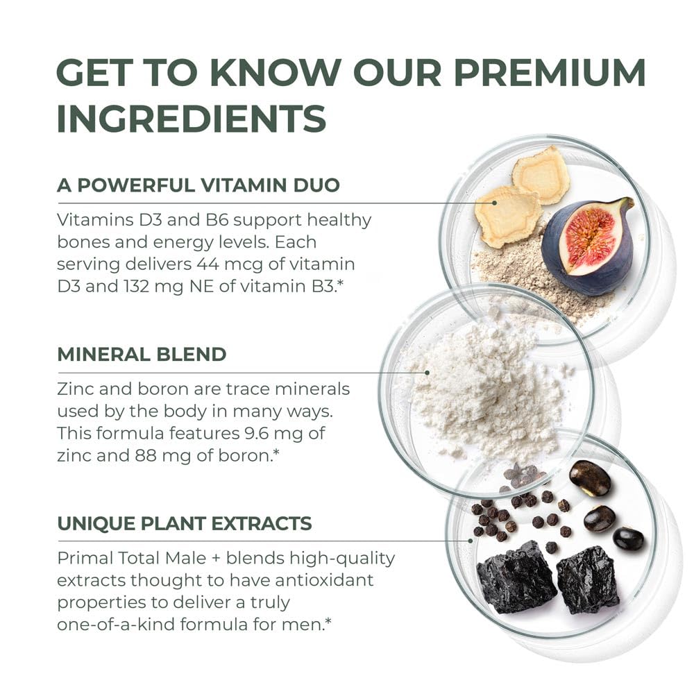 Primal Harvest Total Male+ product display communicates daily wellness support.