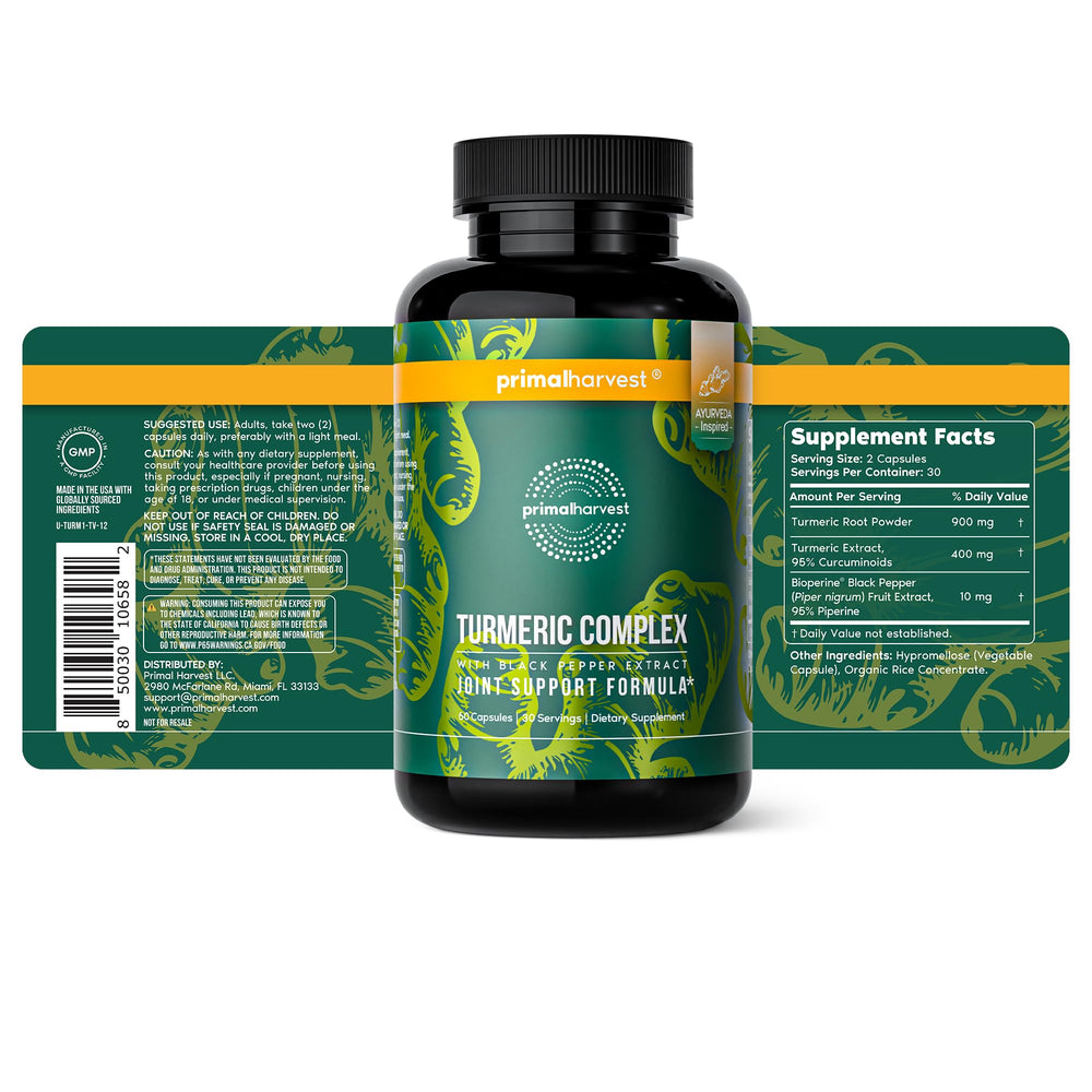 Primal Harvest Turmeric Complex bottle label emphasizes enhanced bioavailability via black pepper.