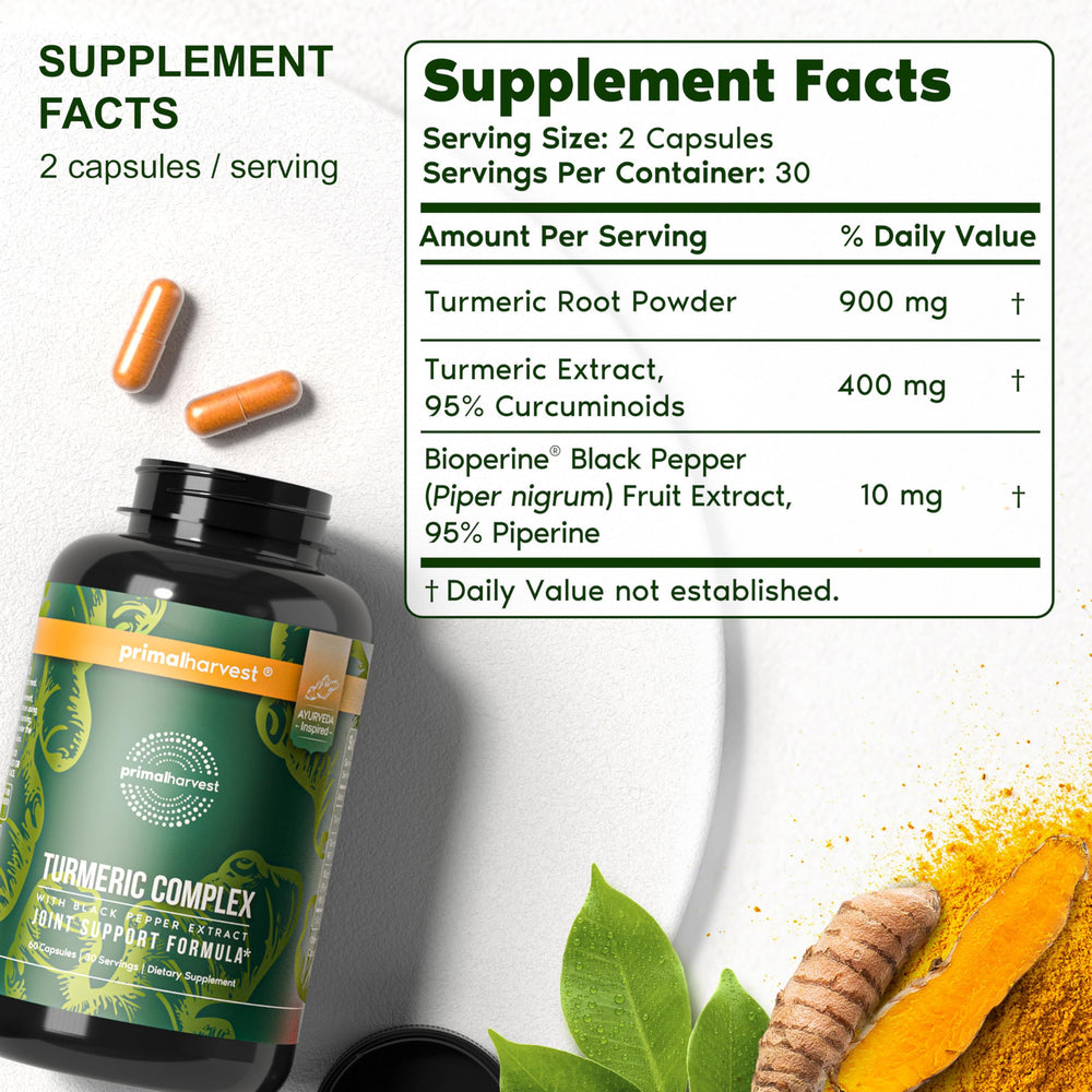 Primal Harvest Turmeric Complex capsules closeup highlights convenient daily wellness.