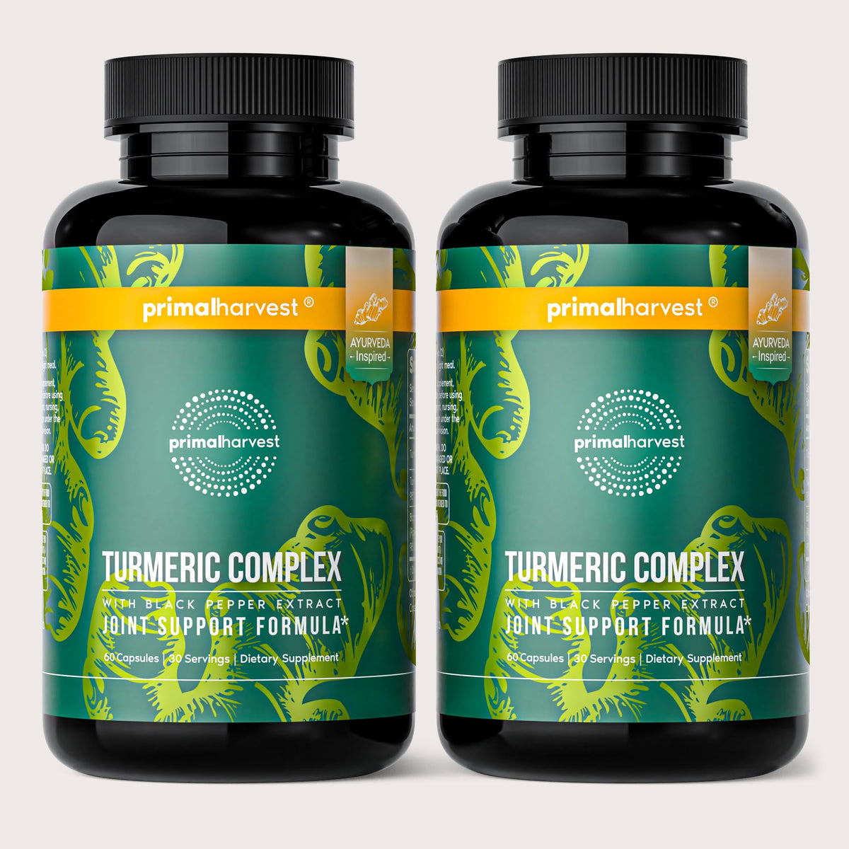 Primal Harvest Turmeric Complex bottle shows the label and signals joint support.