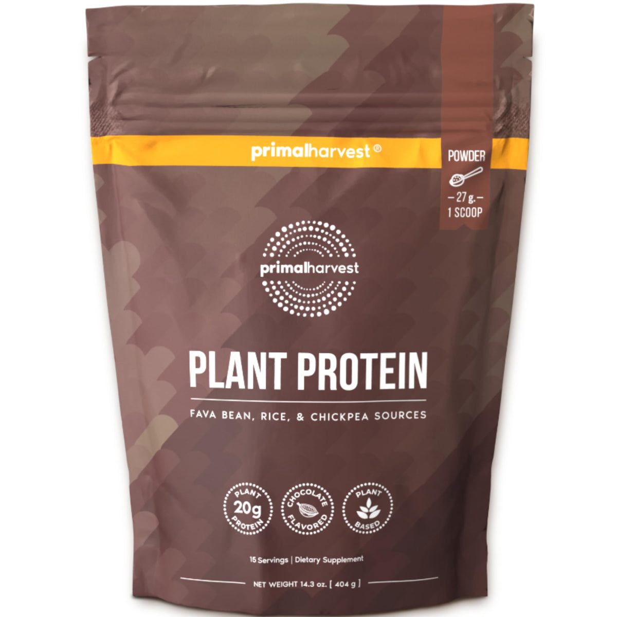 Primal Harvest vegan chocolate protein powder tub for daily shakes.