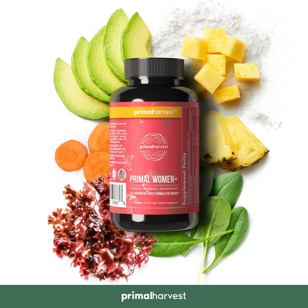 Primal Harvest Women+ glass of water with pills suggesting easy daily intake