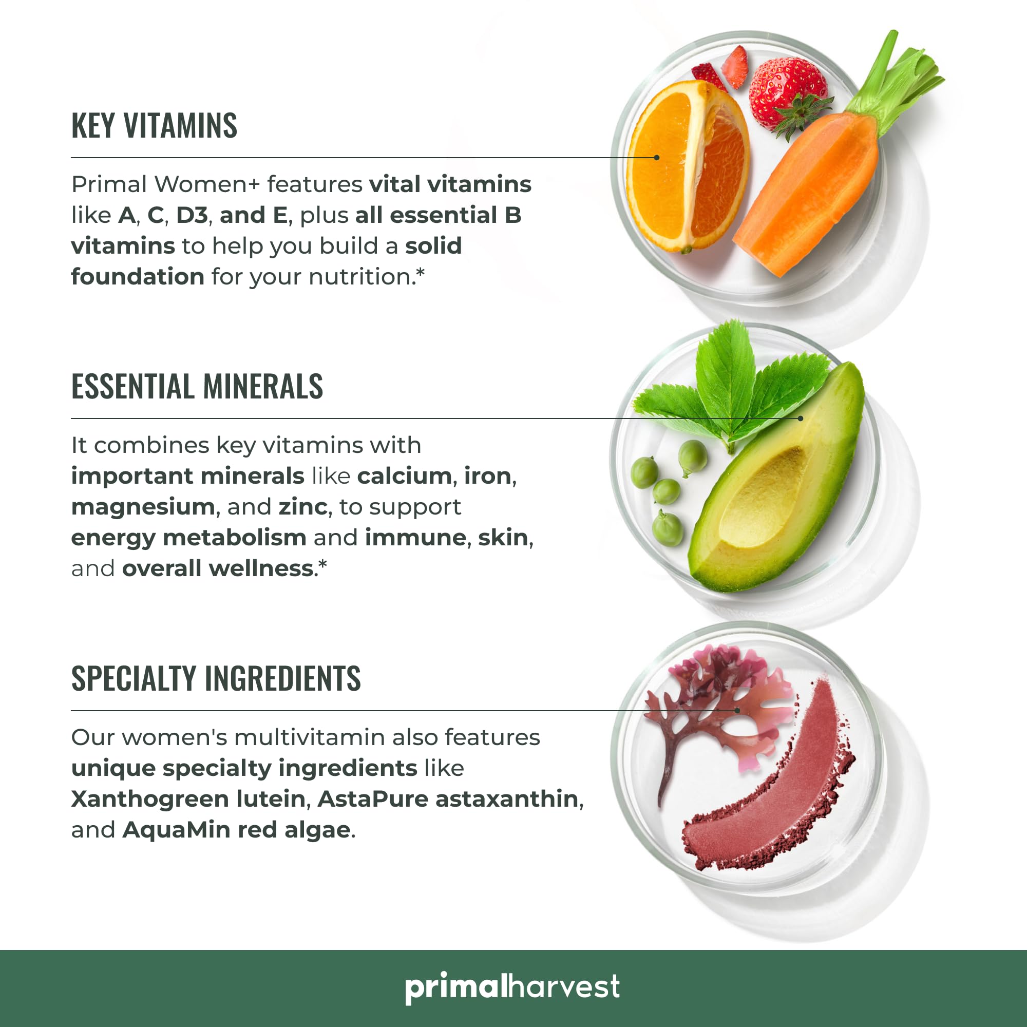 Primal Harvest Women+ vitamin blend close-up highlighting C, E, Biotin for skin and immunity