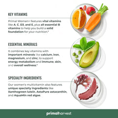 Primal Harvest Women+ vitamin blend close-up highlighting C, E, Biotin for skin and immunity
