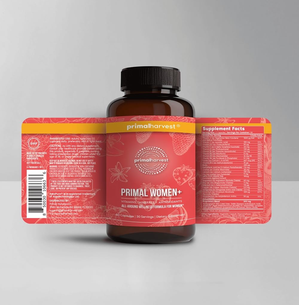 Primal Harvest Women's Multivitamin capsules for convenient daily nutrition and vitality.