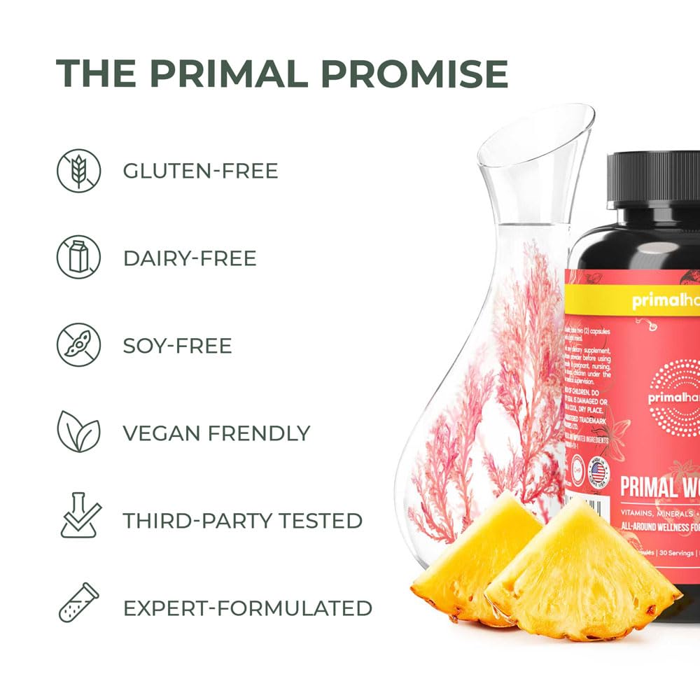 Primal Harvest glass of water beside bottle reinforces a simple wellness ritual.