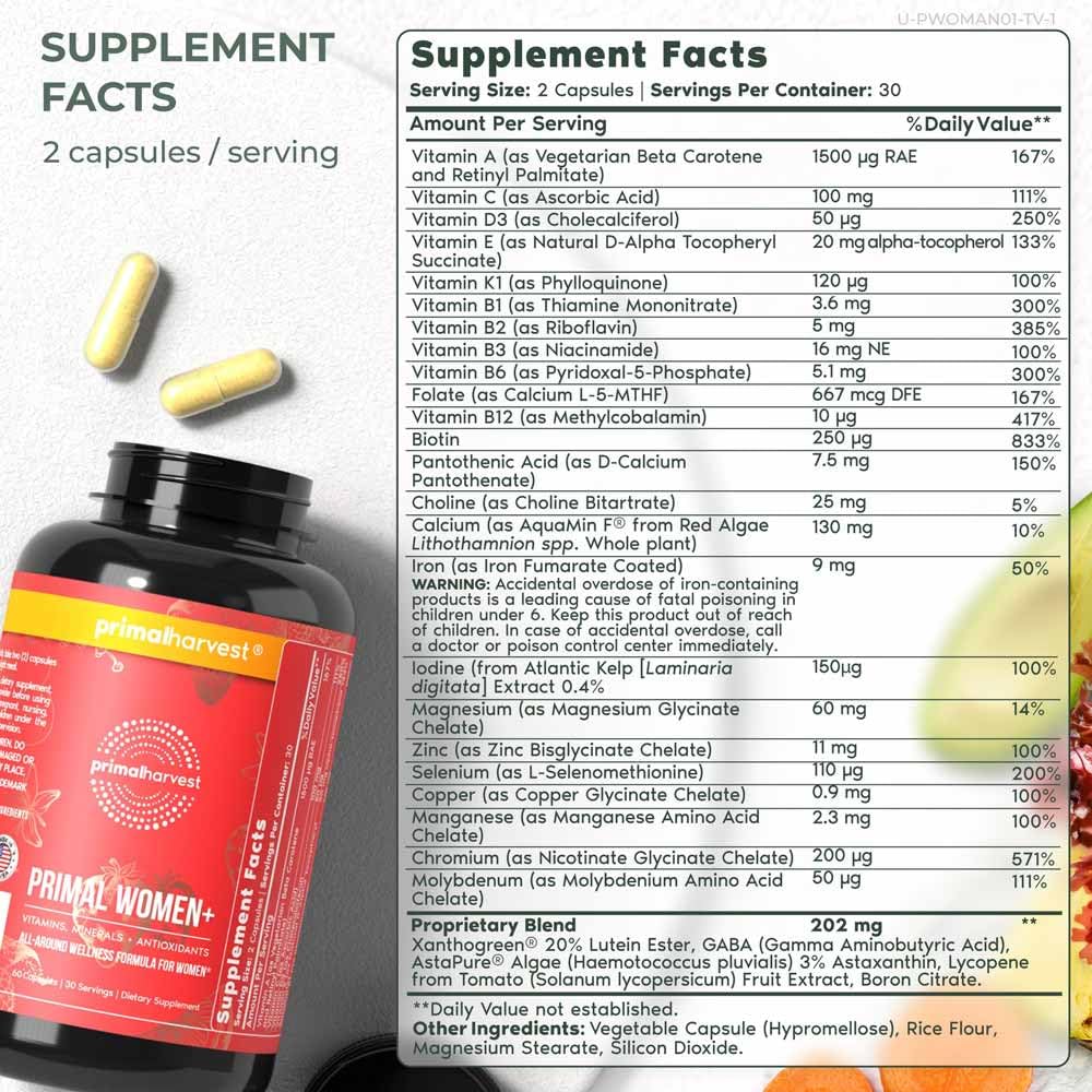 Primal Harvest label close-up highlights immune-supporting vitamins and antioxidants for skin health.