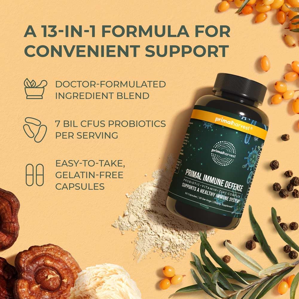 Primal Harvest Zinc C Vitamin bottle emphasizes key nutrients for wellness