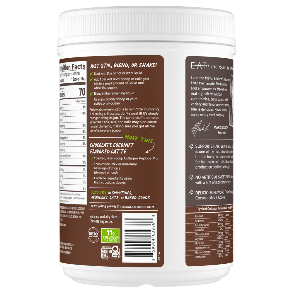 Primal Kitchen Chocolate Collagen Fuel ingredients closeup with coconut milk powder and cocoa.