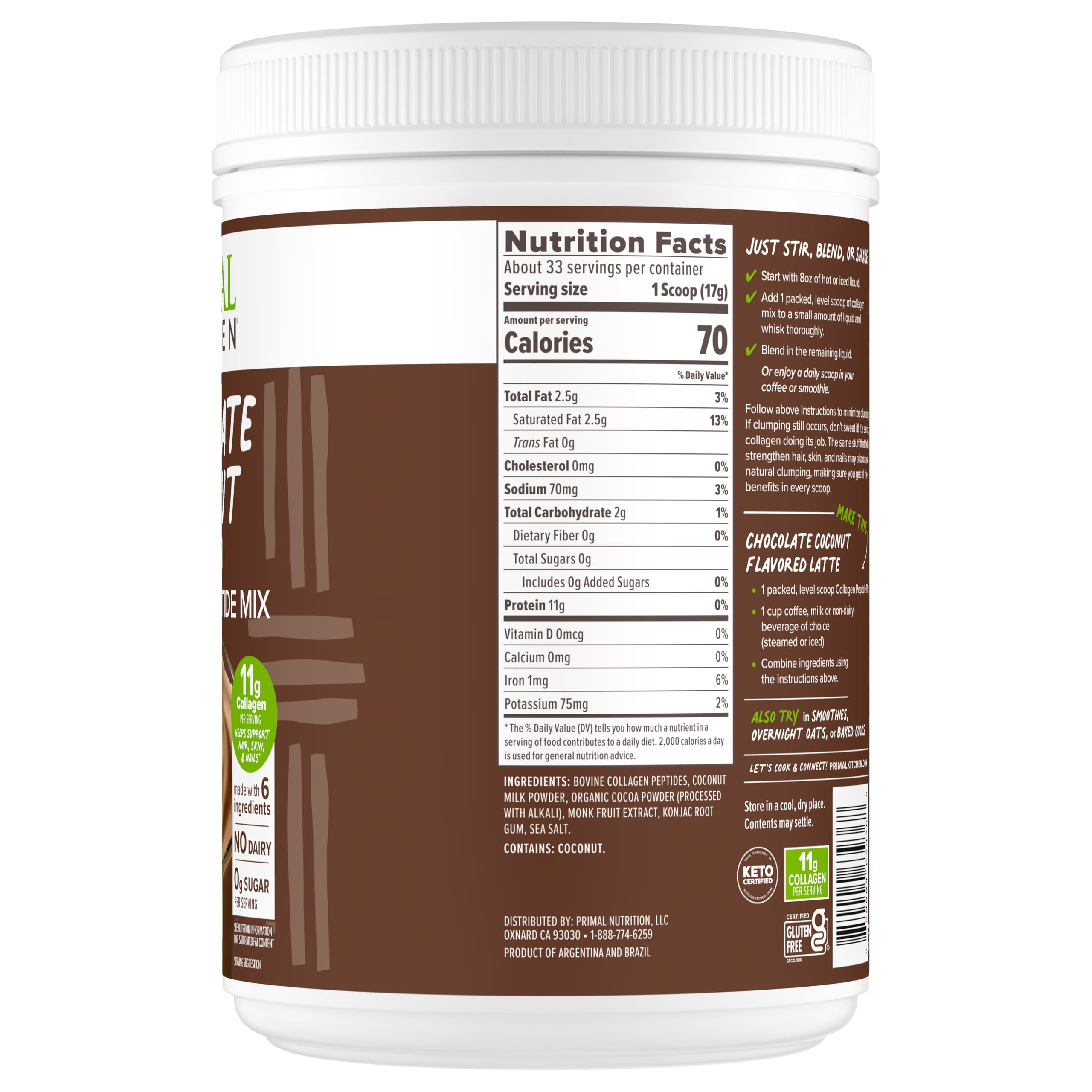 Primal Kitchen Chocolate Collagen Fuel scoop demonstrates quick mix for no-sugar beverages.