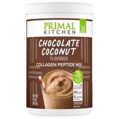 Primal Kitchen Chocolate Collagen Fuel tub ready for easy serving.