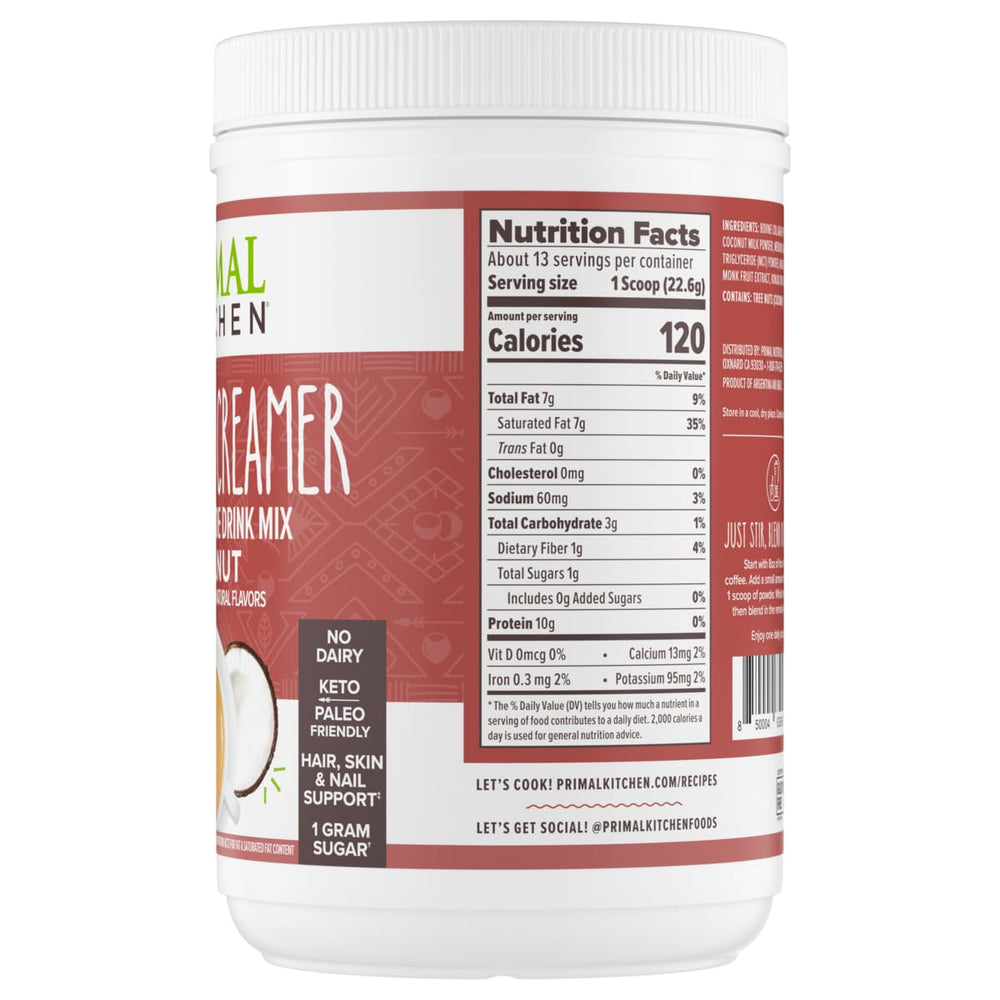 Primal Kitchen Hazelnut Collagen Creamer in a coffee mug for hot or cold beverages