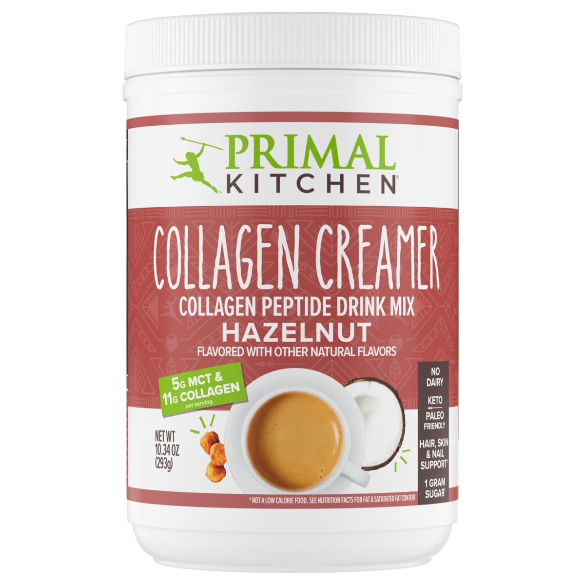 Primal Kitchen Hazelnut Collagen Creamer jar close-up showing rich, dairy-free flavor ideal for coffee