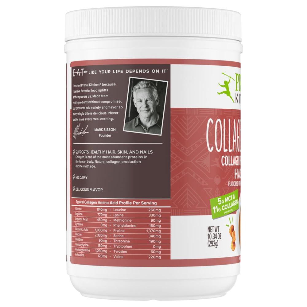 Pouring Primal Kitchen Hazelnut Collagen Creamer into a cup for smooth texture