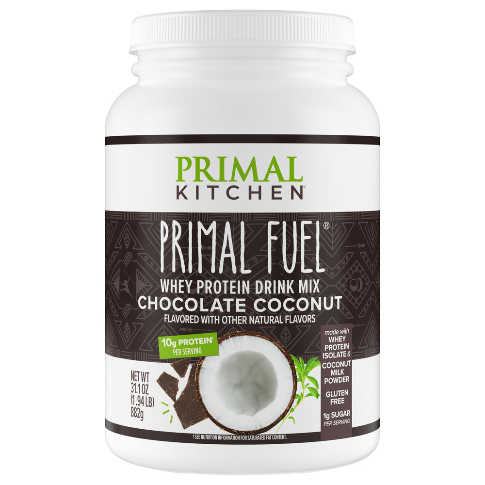Primal Kitchen Primal Fuel powder front jar with chocolate coconut flavor