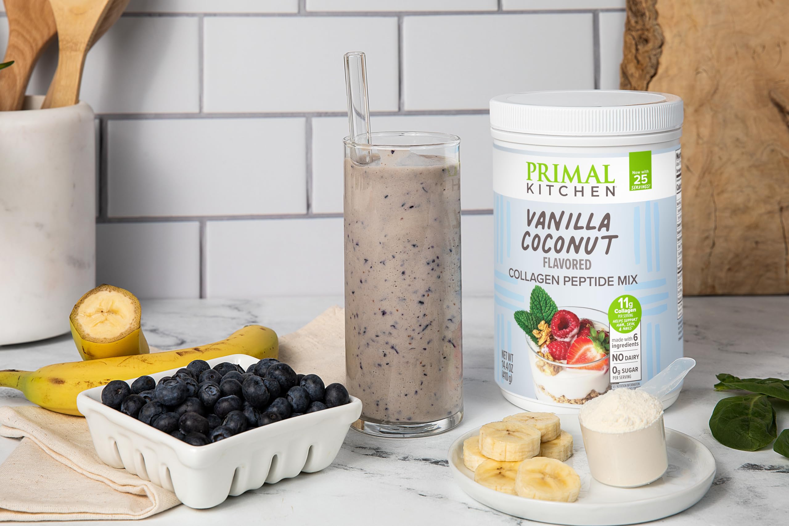 Baking setup featuring Primal Kitchen Vanilla Coconut Collagen Fuel as an ingredient.