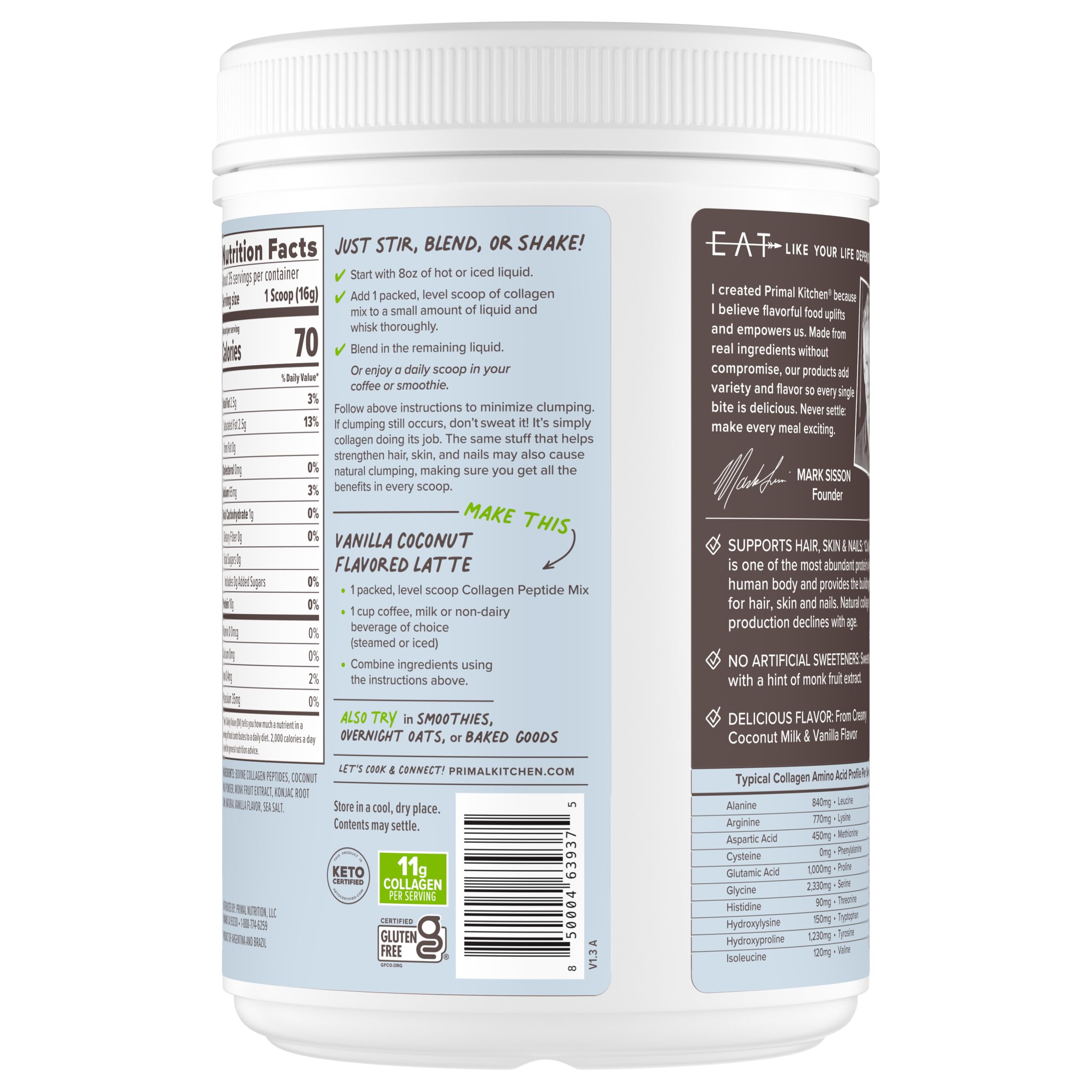 Primal Kitchen Vanilla Coconut Collagen Fuel bottle pouring into a glass