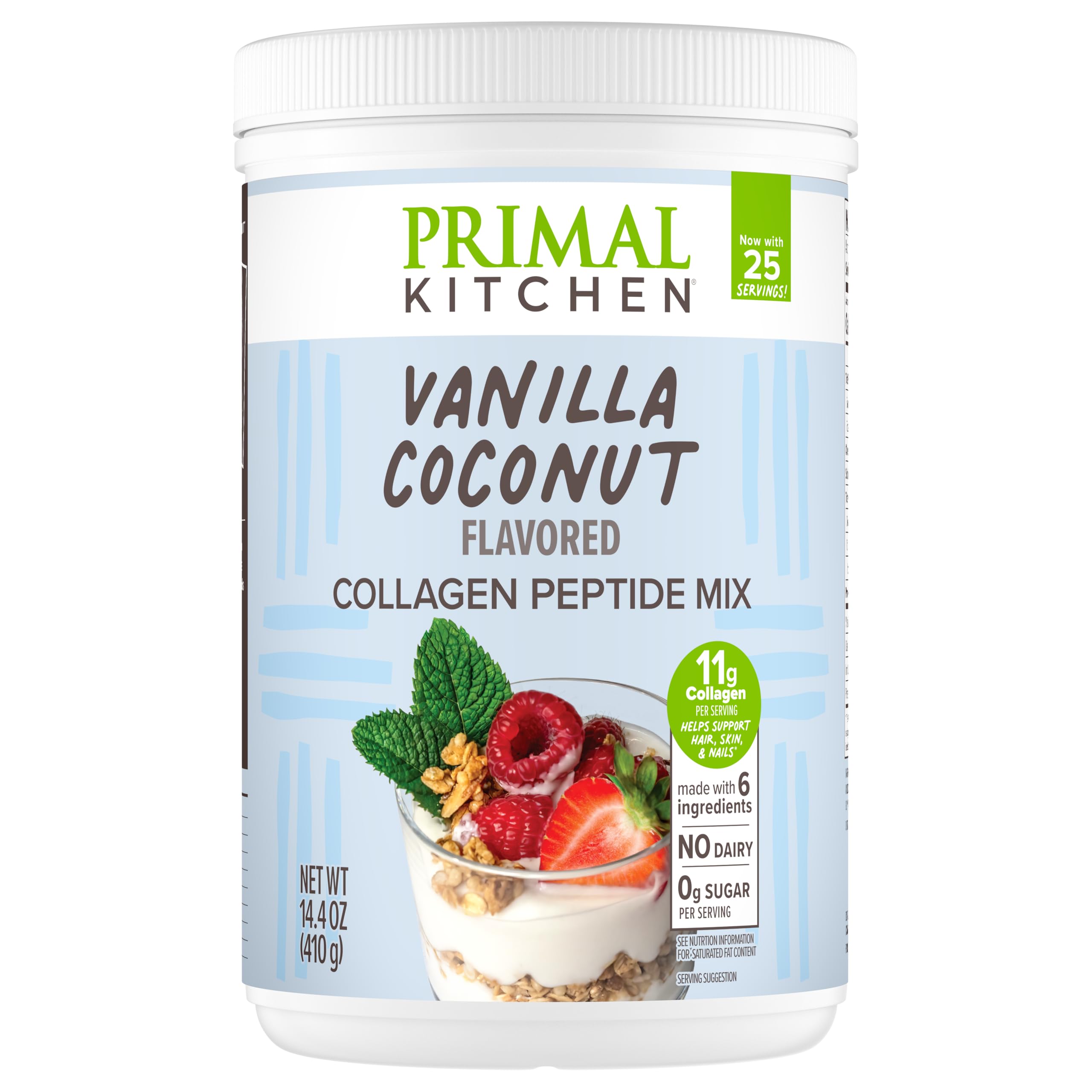 Primal Kitchen Vanilla Coconut Collagen Fuel bottle highlighting dairy-free nutrition.