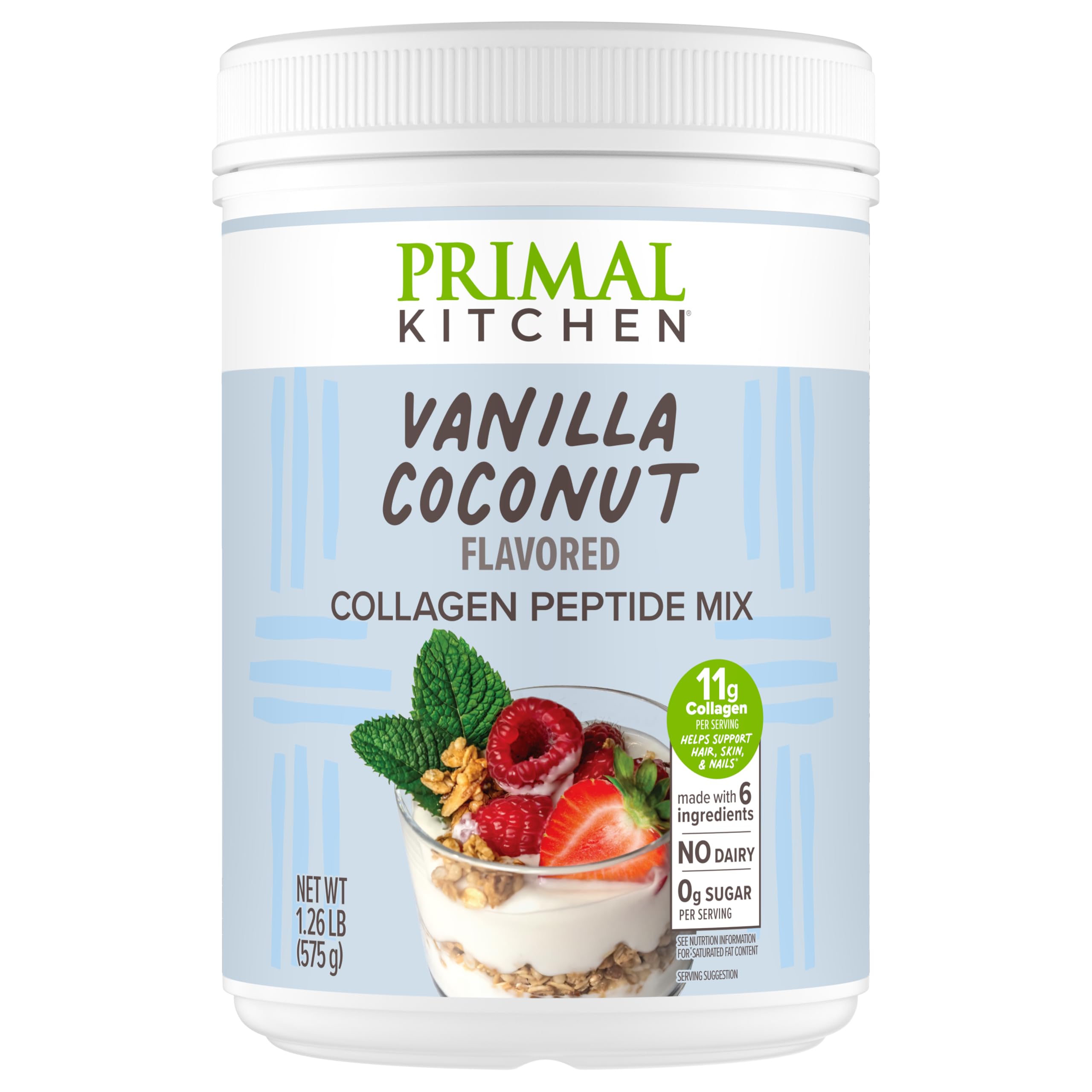 Primal Kitchen Vanilla Coconut Collagen Fuel powder tub showing 11g collagen per serving