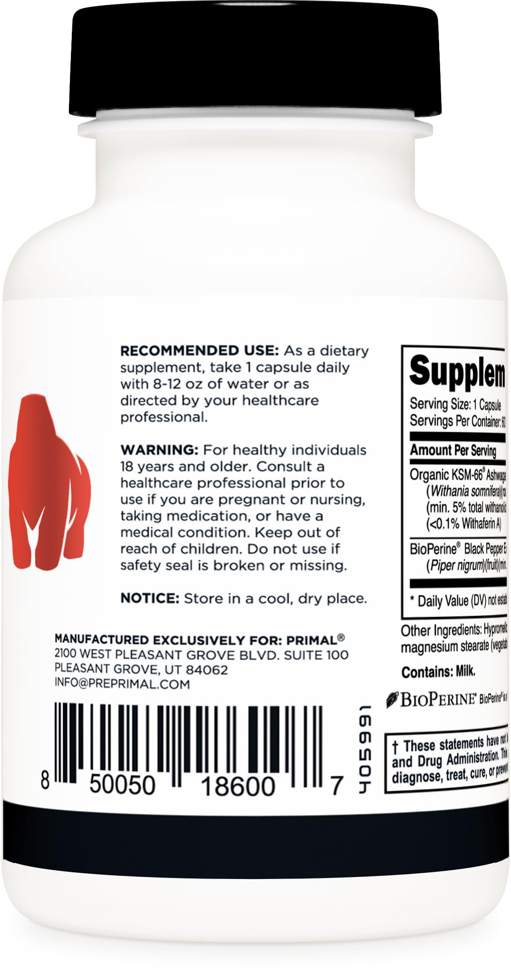 Primal KSM-66 Ashwagandha with BioPerine close-up highlighting absorption.