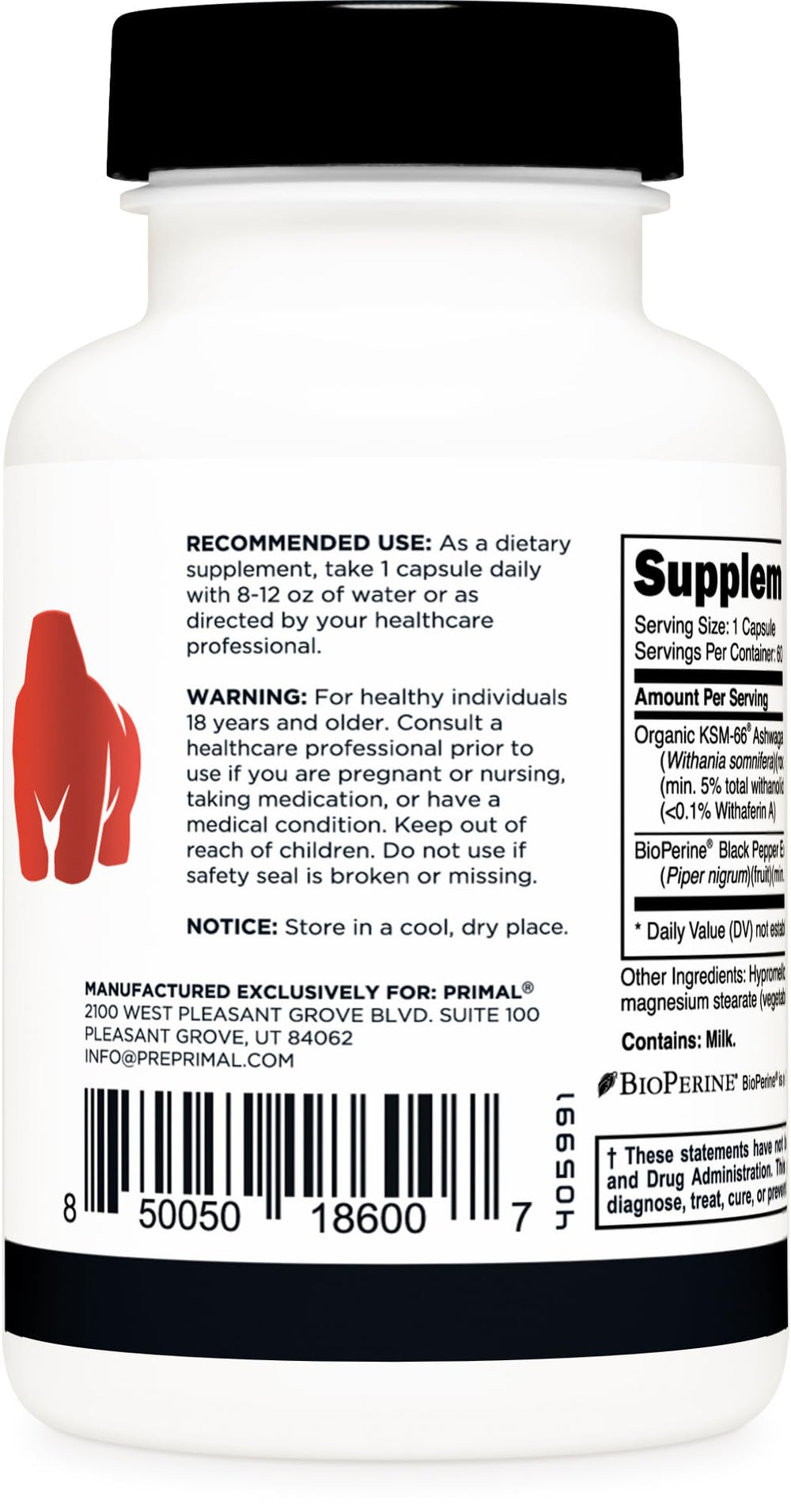 Primal KSM-66 Ashwagandha with BioPerine close-up highlighting absorption.