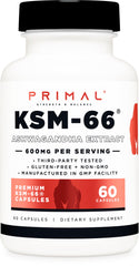Primal KSM-66 Ashwagandha bottle front for daily balance and focus.