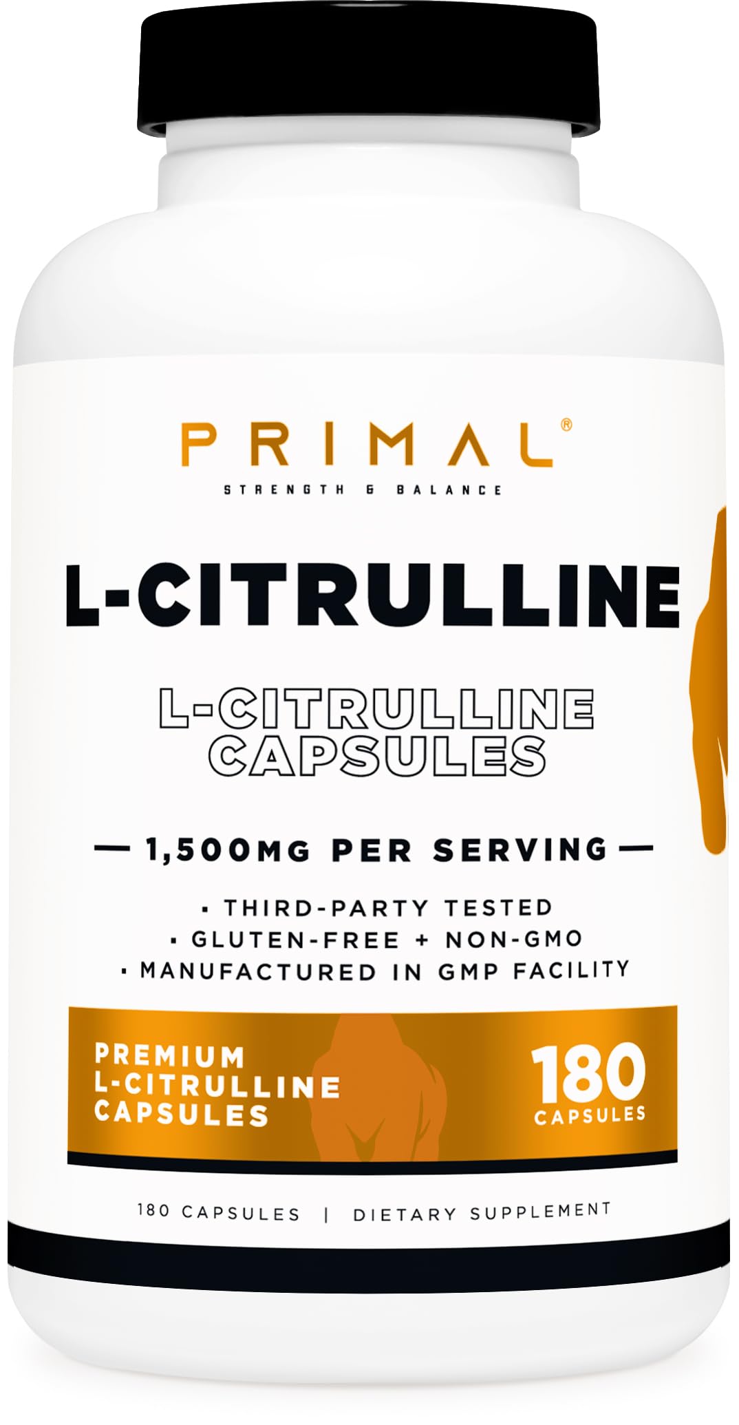 Primal L-Citrulline bottle label highlighting 1,500 mg per serving for active performance.